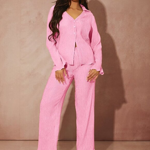 Pink Casual Women's Button Front Lettuce Trim Shirt & Wide Leg Pants Set - Picture 3 of 6